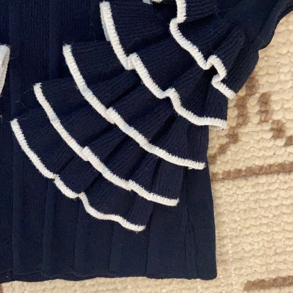 NWT Autumn Cashmere Women's Rib Crew with Tipped Cuff Ruffles Navy/White Small - Picture 4 of 6